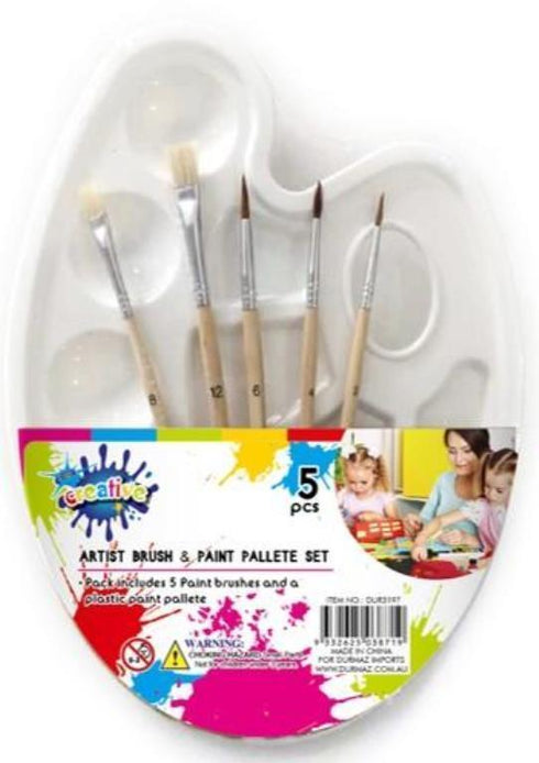 AussieSuperStore Art & Craft Essentials 5Pk Paint Brushes with Paint Pallete 5Pk Paint Brushes with Paint Pallete | Art Brushes & Pallete DUR3197