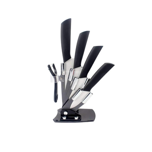 AussieSuperStore Homeware Supplies 5 Piece Best-Chef Sharp Ceramic Knife Set with Vegetable Peeler & Storage Stand Holder 5 Piece Best-Chef Sharp Ceramic Knife Set, Peeler & Storage Stand CB5CERAMICSETBLK