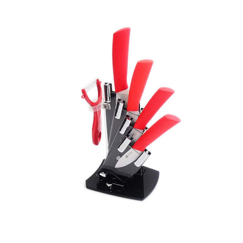 AussieSuperStore Homeware Supplies 5 Piece Sharp-Chef Ceramic Kitchen Knife Set, Vegetable Peeler and with Storage Stand Holder Sharp-Chef Ceramic Kitchen Knife Set, Vegetable Peeler. Stand CB5CERAMICSETRED