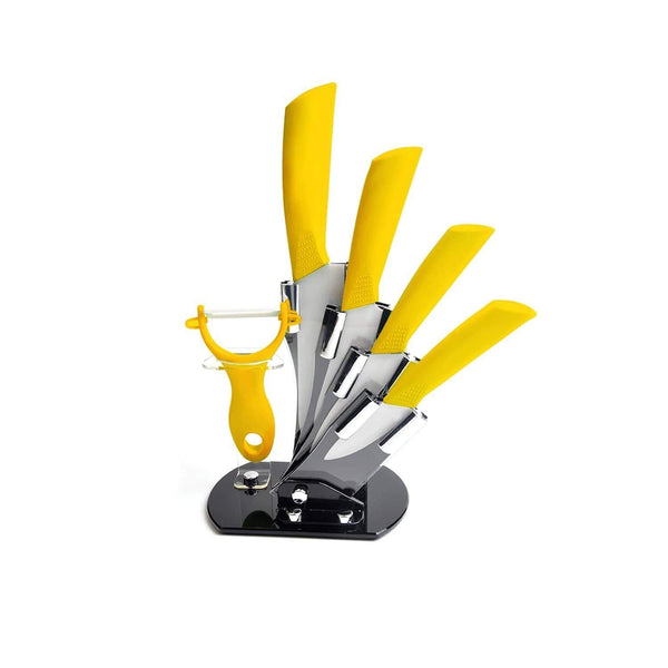 AussieSuperStore Homeware Supplies 5 Piece Sharp-Chef Ceramic Kitchen Knife Set, Vegetable Peeler and with Storage Stand Holder Sharp-Chef Ceramic Kitchen Knife Set, Vegetable Peeler & Stand CB5CERAMICSETYEL