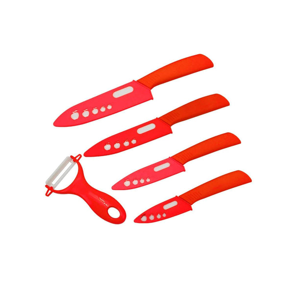AussieSuperStore Homeware Supplies 5 Piece Super Sharp Ceramic Knife Set & Vegetable Peeler with Protective Sheath Covers Super Sharp Ceramic Chef Knife Set & Vegetable Peeler with Cover CB4CERAMICRED
