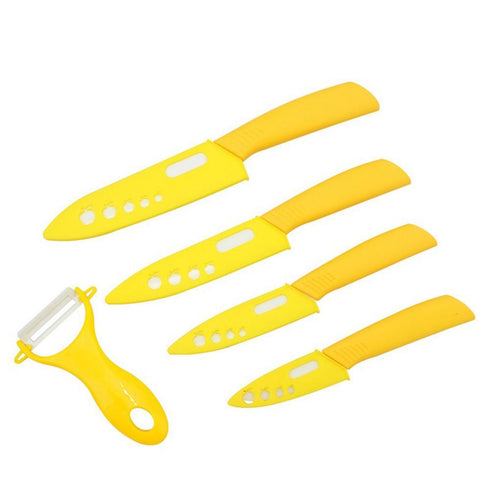 AussieSuperStore Homeware Supplies 5 Piece Super Sharp Ceramic Knife Set & Vegetable Peeler with Protective Sheath Covers Super Sharp Ceramic Chef Knife Set & Vegetable Peeler with Cover CB4CERAMICYEL