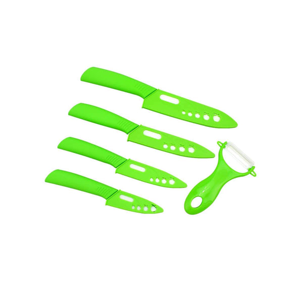 AussieSuperStore Homeware Supplies 5 Piece Super Sharp Ceramic Knife Set & Vegetable Peeler with Protective Sheath Covers Super Sharp Ceramic Chef Knife Set & Vegetable Peeler with Cover CB4CERAMICGRN