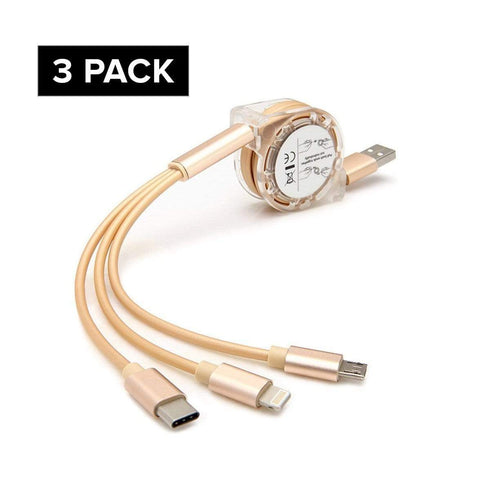 AussieSuperStore Homeware Supplies New 3 in 1 Retractable Fast Charging Cable With Micro USB Type C Adapter (Gold) New 3in1 Retractable Fast Charging Cable With Micro USB TypeC Adaptor ZM3IN1RTABLEGOLDX3