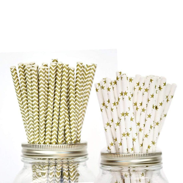 AussieSuperStore Party Essentials Paper Straws - Golden Chevron & Stars Paper Straws - Golden Chevron & Stars | Party Catering Supplies | Drinkware CBMPAPSTRAWGLDZIGSTRPK