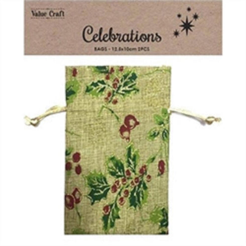 AussieSuperStore Seasonal Products Xmas Natural Holly Fabric Bag Xmas Natural Holly Fabric Bag | Gift Bags | Christmas Gift Bags 9331468056515 XMAS19053